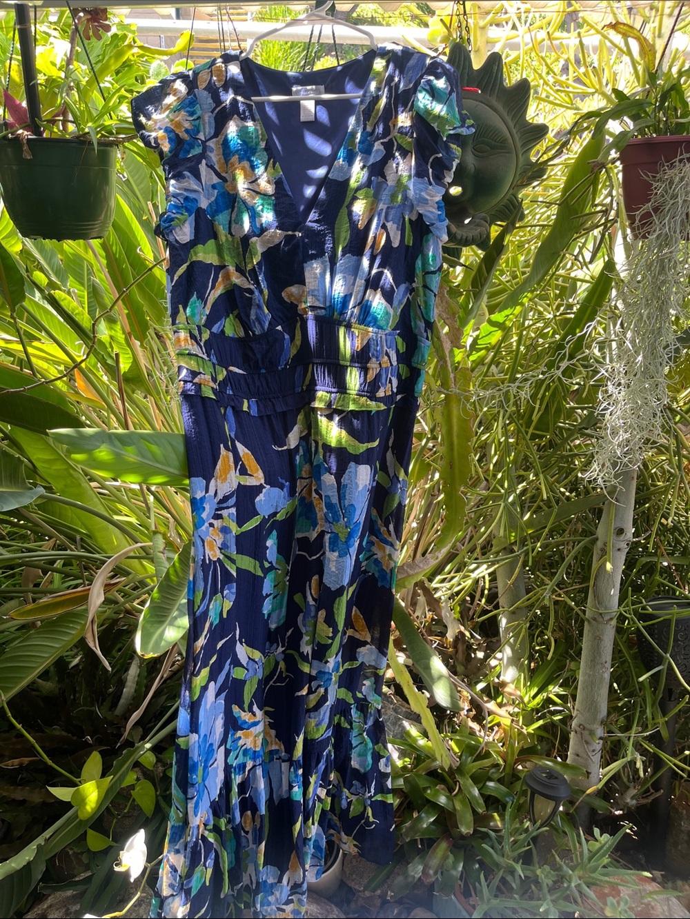 London Times Navy Floral Midi Dress with Blue & Green Accents